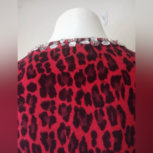Quacker Factory Red Leopard Print Cardigan XXS Jeweled Trim - Picture 9 of 11